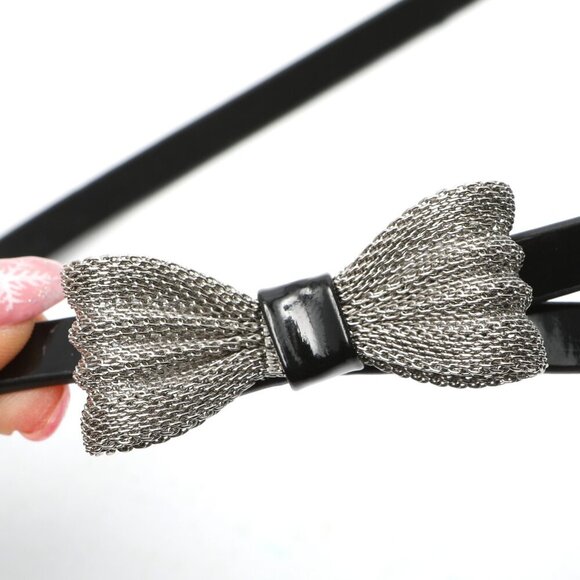 Faux Patent Leather Skinny Belt Metal Bow Mesh Black Glossy Party Y2K Retro - Picture 4 of 9